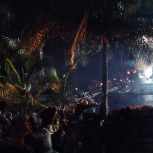 In the attack on Port Royal scene in Pirates of the Caribbean, many locations are used, but it's still just one scene. This excludes the scene where Elizabeth Swann is kidnapped by Pintel and Ragetti.