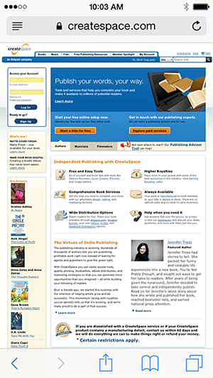 Createspace is a great, easy-to-use siteóas long as youíre on a computer screenóbut itís a challenge to navigate if youíre on a mobile phone.