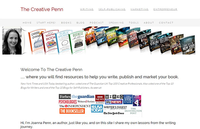 TheCreativePenn.com website highlights Joanna's expertise and has a tone reflective of her non-fiction books. It's very different than her fiction book website as seen above.